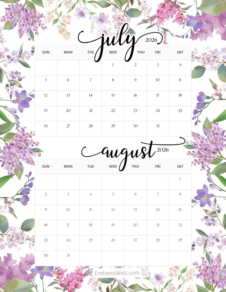 July  august 2026   2 month printable calendar floral border 2 month   july august 2026 calendar 8 5 x 11 in   purple flowers
